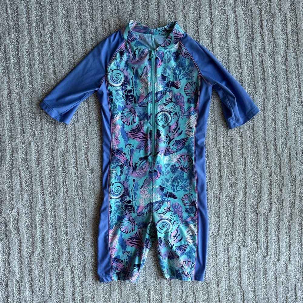 Coolibar Girls Barracuda Blue & Teal Shell-Print UPF Swim Sunsuit size S
